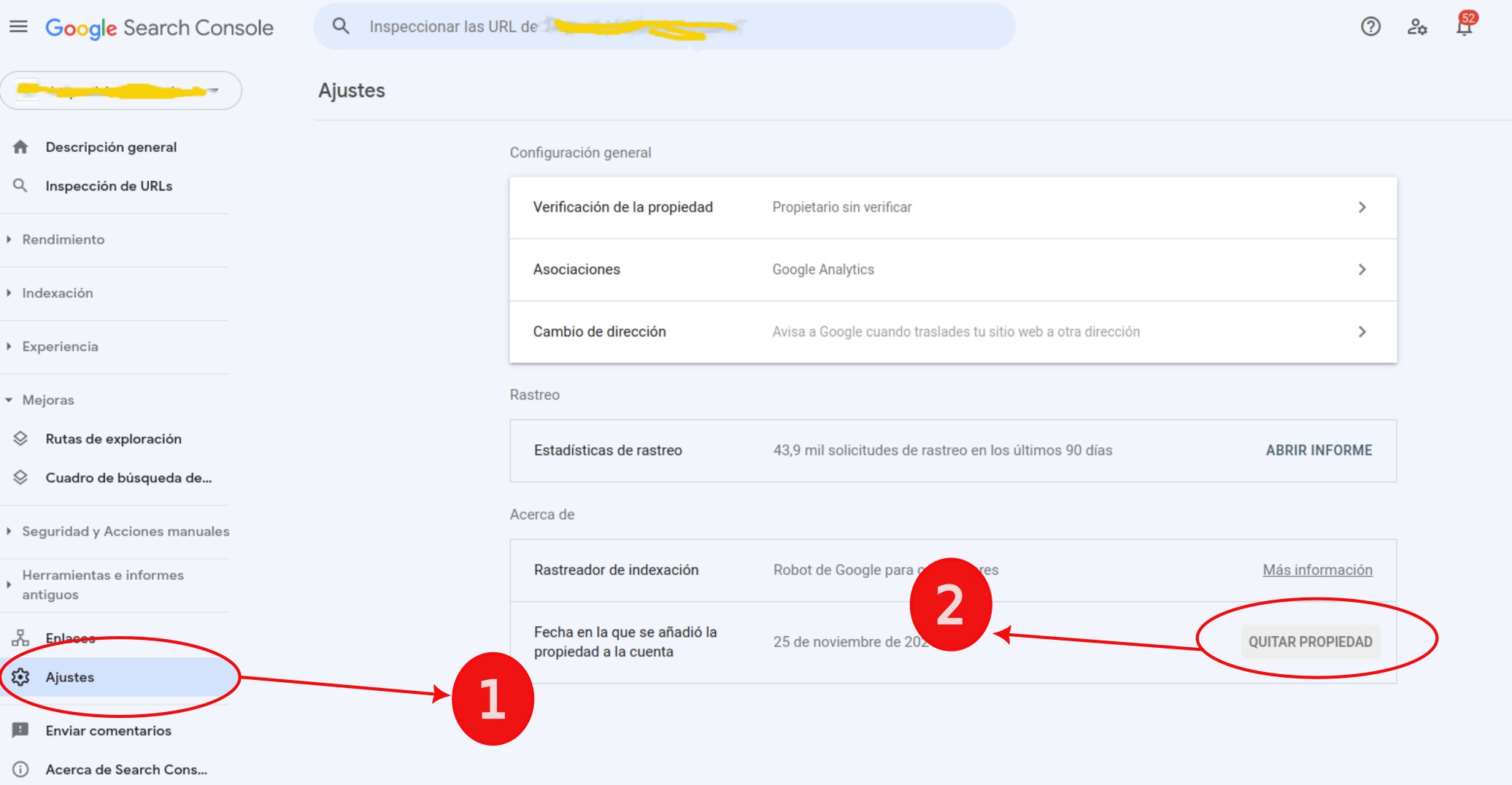 quitar propiedad google search console