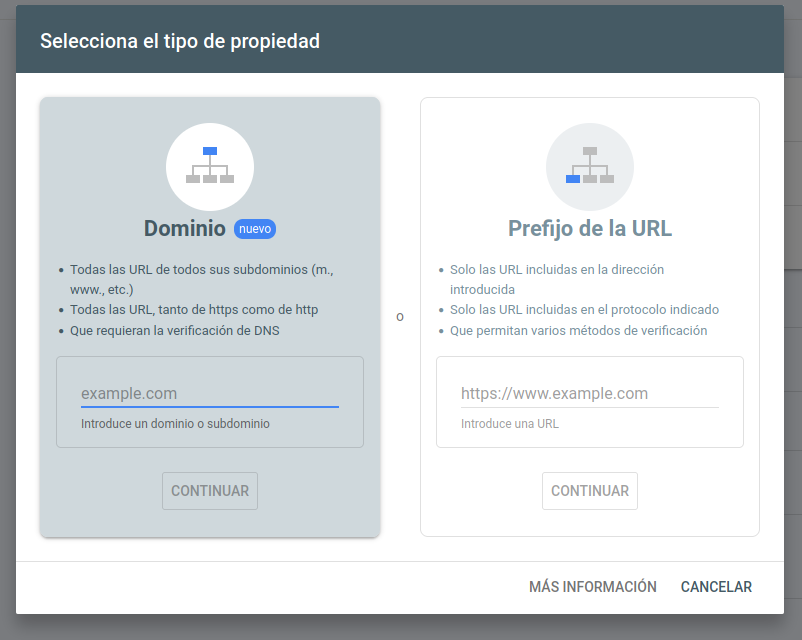 selecionar tipo propiedad search console
