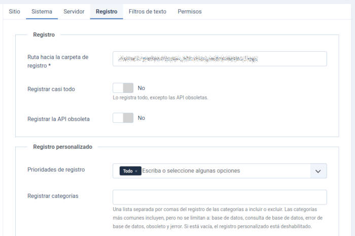 Registro personalizado Prioridades de registro