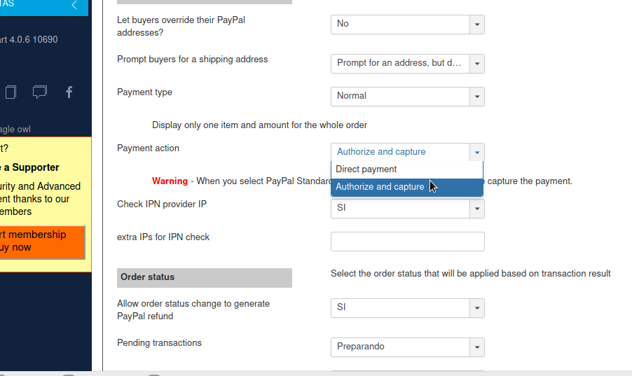 configuracion paypal action