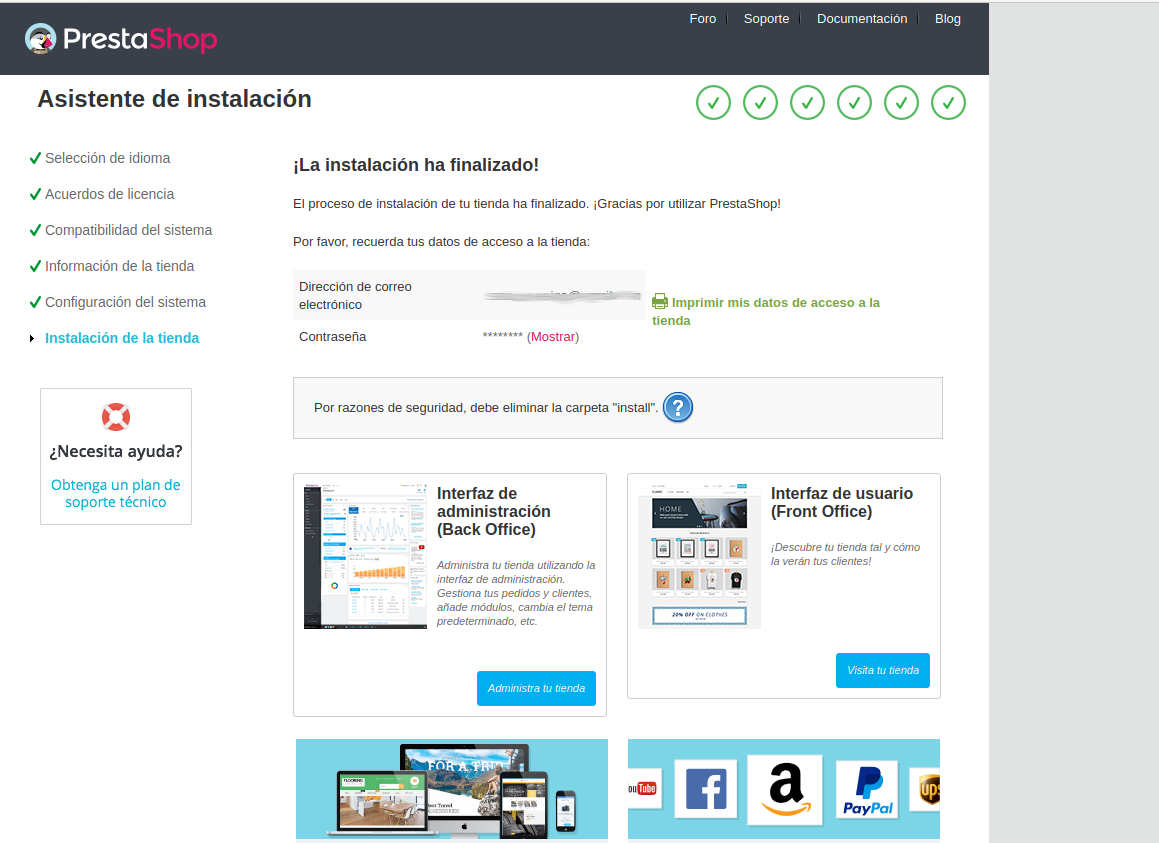 fin instalacion prestashop