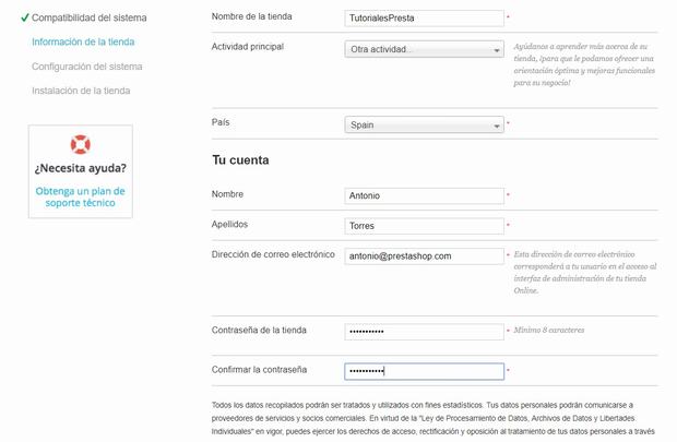 formulario instalacion prestashop